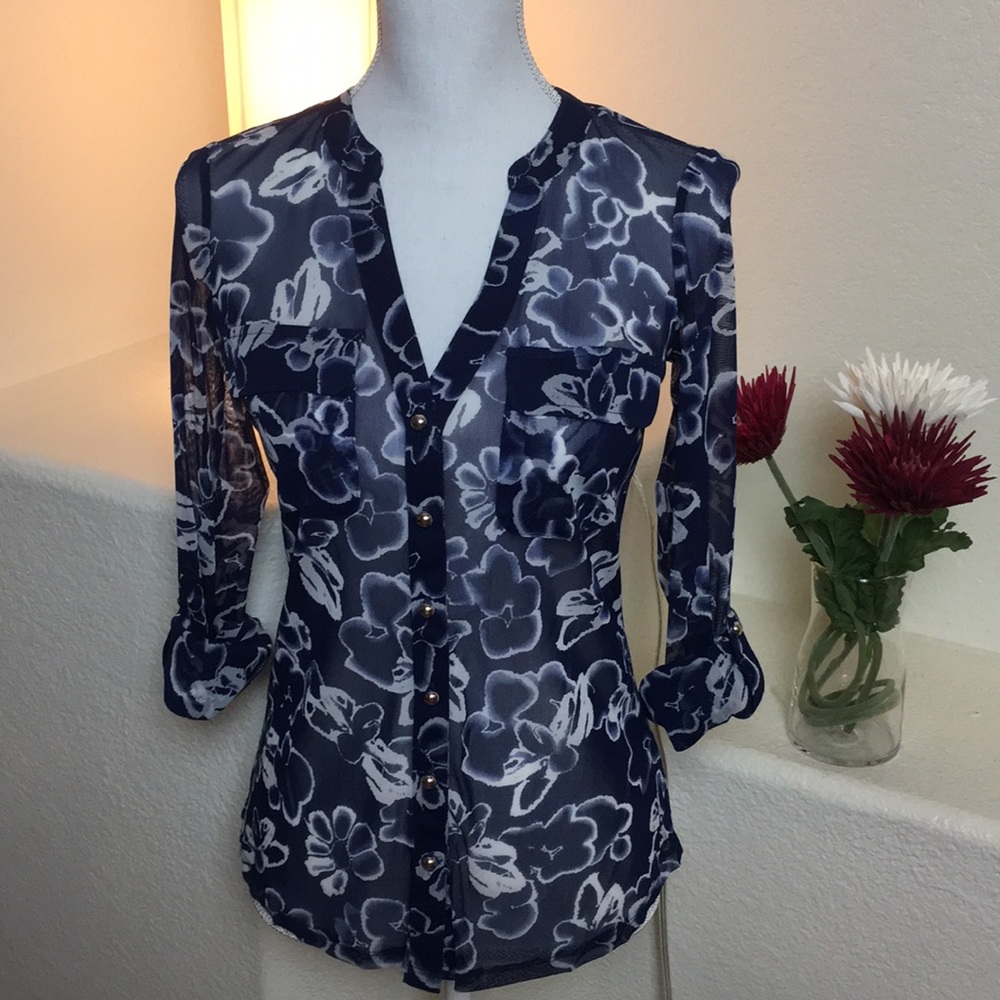 Sheer navy blue and white button blouse